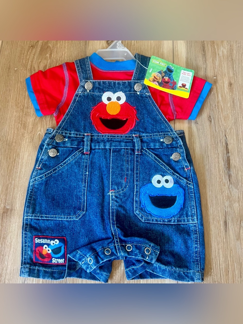 VTG 2007 Sesame Street Elmo & Cookie Monster Denim Overalls NWT 3-6M Y2K Retro